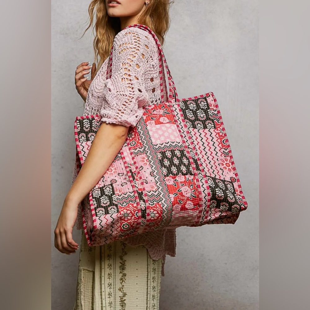 POL pink Kantha quilted patchwork floral embroidered Large boho tote bag